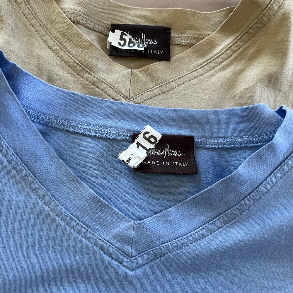 2 Neiman Marcus V neck T shirts. Double stitched. 1 Blue, 1 tan. Made in Italy.